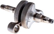 Wał korbowy do pilarki Husqvarna 281/281XP/288XP w kolorze metalicznym. Produkt leży, ukazując detalowe wykończenia i elementy mocujące. Widoczna tekstura metalu oraz otwory do mocowania. Tło neutralne, co podkreśla kształt i konstrukcję wału.