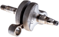Wał korbowy do pilarki Husqvarna 281/281XP/288XP w kolorze metalicznym. Produkt leży, ukazując detalowe wykończenia i elementy mocujące. Widoczna tekstura metalu oraz otwory do mocowania. Tło neutralne, co podkreśla kształt i konstrukcję wału.