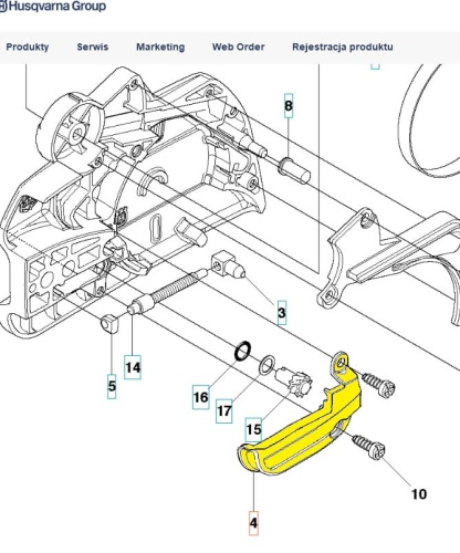 Żółta osłona napinacza pilarek Husqvarna 435, 450 z tworzywa, z boku. Widoczne mocowania, logo i kluczowe detale montażowe na jasnym tle.