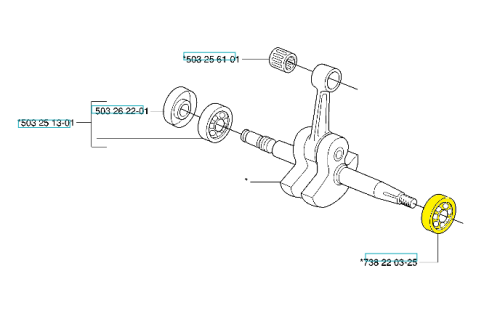 Łożysko wału korbowego Husqvarna 385/281XP/288XP w kolorze czarnym, widok z boku. Elementy metalowe i plastikowe, w tym dwa koła łożyskowe i jeden detal mocujący. W tle prosta, biała powierzchnia. Zestaw komponentów dobrze widoczny.