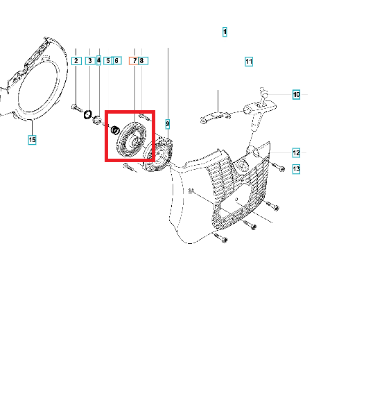 Koło linowe przecinarki Husqvarna K770, okrągłe, metalowe, z wyraźnym wycięciem, umieszczone w pozycji poziomej. W widoku z góry, detale technologiczne i oznaczenia są czytelne. Na tle schematu części, widoczne inne elementy mechaniczne.