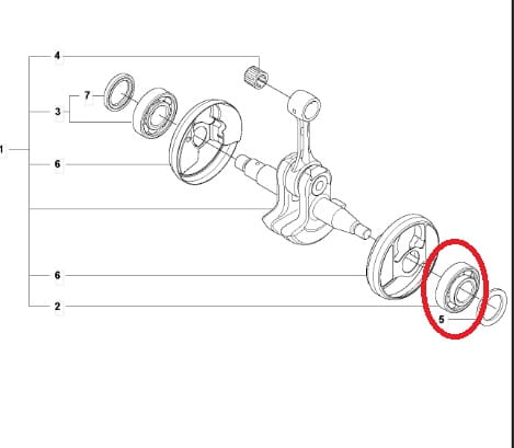 Łożysko kulkowe do pilarki Husqvarna 556/550XP, widok z boku, z zaznaczeniem numeru 5. Element metalowy o gładkiej powierzchni i okrągłym kształcie, przeznaczony do mocowania, otoczony dwoma innymi łożyskami. Tło proste, białe.