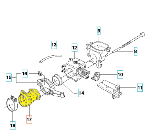 Łącznik gaźnika do pilarek Husqvarna 362/362XP/372XP, żółty, z elastycznym przyłączem, poziomy, bez tła. Wysokiej jakości tworzywo, precyzyjne otwory, idealny do montażu.