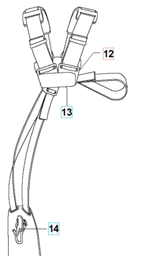 Zatrzask dolny szelek Standard Husqvarna, widok z boku. Elementy szare z regulowanymi paskami. Zapięcie w formie klamry, zawieszka do mocowania. Prosta linia, brak dodatkowych zdobień. Tło białe, podkreślające detal produktu.