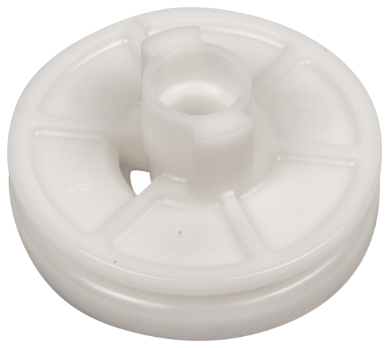 Koło linowe wykaszarki Husqvarna 333R/535RX w kolorze białym, wykonane z tworzywa sztucznego. Produkt ukazany z góry, w pozycji leżącej, z widoczną centralną otworą. Obok nie ma innych przedmiotów ani elementów kontekstowych.