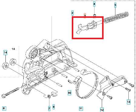 Mechanizm hamulca pilarki Husqvarna 230-236, widoczny z boku w kolorze metalicznym. Element o kształcie prostokątnym, z wyprofilowanym uchwytem i sprężyną. Ułożony na białym tle, w kontekście montażu. Widoczne detale mocowania i oznaczenia.