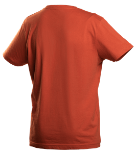 T-shirt Husqvarna Xplorer w kolorze pomarańczowym, unisex, pokazany z tyłu. Wykonany z miękkiego materiału, krótki rękaw i okrągły dekolt. Brak widocznych napisów i zdobień. Stojąca pozycja, na jednolitym tle.