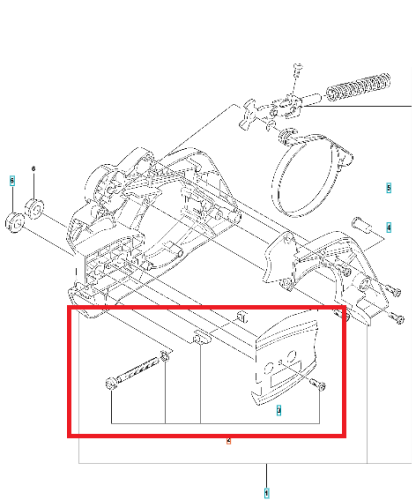Zestaw napinacza łańcucha pilarki Husqvarna 130, widok boczny pokazujący mechanizm i osłonę w kolorze czarnym i metalicznym, bez napisów, z kluczowymi częściami do montażu.