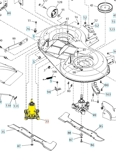 Żółty adapter noża do traktorów Husqvarna TC138/TC238, widok boczny pokazujący otwory montażowe i detale konstrukcji, na białym tle, gotowy do montażu.