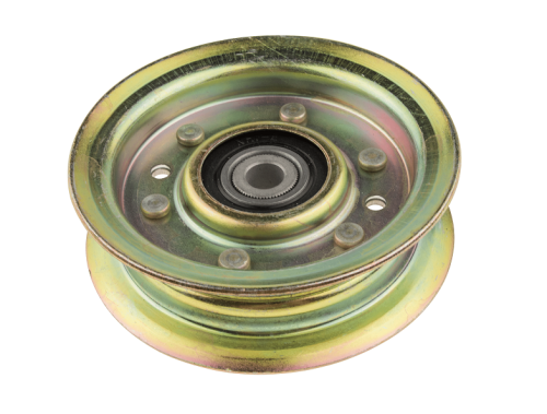 Koło pasowe do traktorów TC138/TC238 Husqvarna, w kolorze metalicznym, z centralnym łożyskiem. Ujęcie frontalne, ukazuje detale krawędzi i otworów mocujących. Produkt leży na płaskiej powierzchni, brak innych elementów w tle.