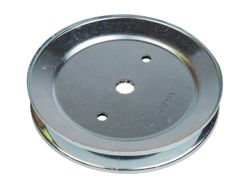 Koło pasowe z metalu, okrągłe, z centralnym otworem sześciokątnym i trzema otworami mocującymi. Ujęcie frontalne, pokazujące gładką, błyszczącą powierzchnię. Numeryczna oznaczenie F9473 widoczne na zewnętrznej krawędzi.