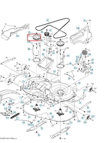 Koło pasowe metalowe z otworami montażowymi do traktorów Husqvarna TC242T/242TX, widoczne z góry na neutralnym tle w centrum diagramu, obok innych części maszyny.