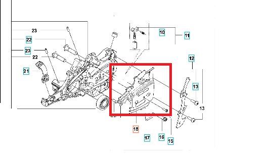 Osłona karteru do pilarki Husqvarna 545 Mark II, w kolorze czarnym, montowana z boku urządzenia. Wizualizacja wskazuje miejsca mocowania oraz detale konstrukcyjne, takie jak otwory na śruby. Produkt przedstawiony na schemacie montażowym.