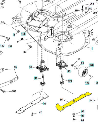 Nóż do traktorka Husqvarna TC142/TC242, 54 cm, żółty, prostokątny z otworami montażowymi. Widok z boku na białym tle, idealny do pojazdów ogrodniczych.