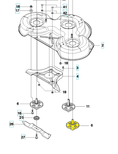 Adapter noża do riderów R214C/R316T Husqvarna w kolorze szarym, z wyraźnie widocznymi otworami. Ujęcie z góry pokazuje dwa mocowania, a także żółtą część wskazującą na miejsce montażu. Produkt leży na płaskiej powierzchni.