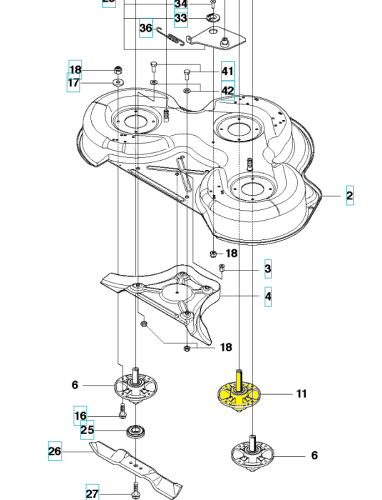 Adapter noża do riderów R214C/R214TC Husqvarna w kolorze czarnym, wykonany z wytrzymałego materiału, o ergonomicznym kształcie. Widoczny z góry i z boku, pokazuje miejsce mocowania noża. Elementy montażowe i śruby widoczne w diagramie.