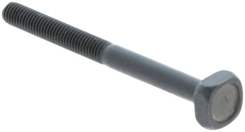 Śruba tłumika do pilarek Husqvarna 136,137,142; metaliczna z matową czarną powłoką, gwintowana na całej długości, dł. ok. 10 cm, sześciokątna główka, front na jednolitym tle, bez znaków.