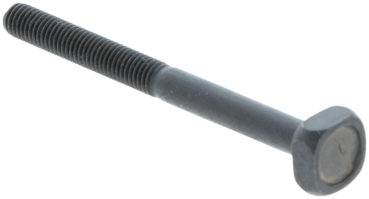 Śruba tłumika do pilarek Husqvarna 136,137,142; metaliczna z matową czarną powłoką, gwintowana na całej długości, dł. ok. 10 cm, sześciokątna główka, front na jednolitym tle, bez znaków.