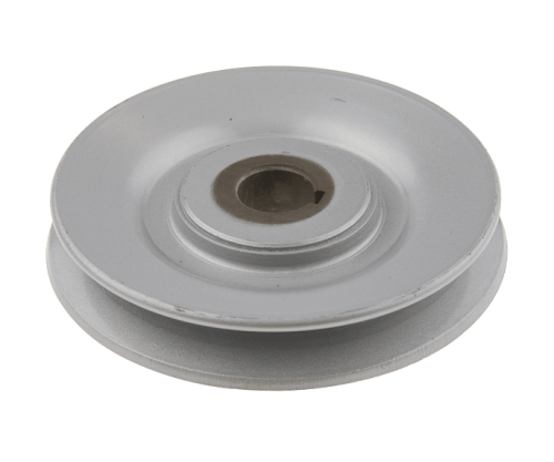 Koło pasowe do riderów R214C/R214TC Husqvarna w kolorze szarym, okrągłe, o gładkiej fakturze. Widok z boku, pod kątem, ukazujący centralny otwór mocujący. Produkt leży na białym tle, bez dodatkowych akcesoriów.