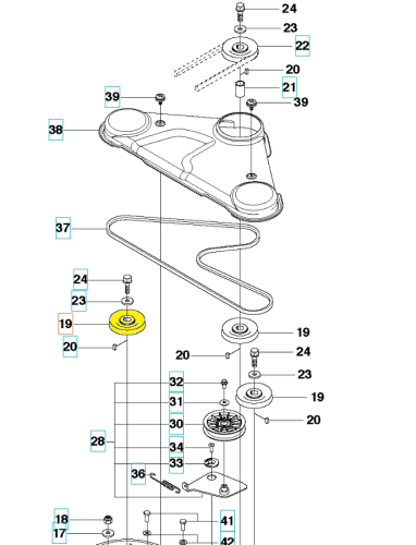 Koło pasowe do riderów R214C/R316T Husqvarna w układzie montażowym. Element żółty (symbol 19) oraz metalowa konstrukcja. Widoczny pasek napędowy, detale mocowania. Produkt przedstawiony z boku, z ex-plikacją biegu i układu montażowego.