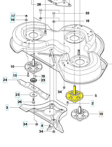 Adapter noża do riderów Husqvarna R316T/R318, czarny, plastikowa obudowa, metalowe mocowania. Widok z góry ukazuje szczegóły, otwory montażowe i oznaczenia ułatwiające identyfikację.