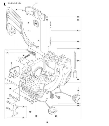 Schemat osłony karteru pilarek Husqvarna 240, 235, 236 i Jonsered CS2238S z rysunkami kompozytowych mocowań, metalowych sprężyn i przycisków, ukazujący widok z góry i boczny na białym tle.
