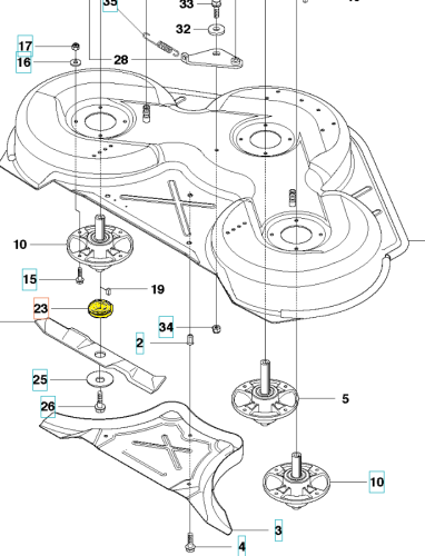 Adapter noża do riderów R316T/R214T AWD Husqvarna, w kolorze czarnym, z zaokrąglonymi krawędziami i dolnym mocowaniem. Widok z góry, prezentujący detale mocowań. Produkt leży na białym tle, ukazując wyraźne otwory montażowe oraz oznaczenia.