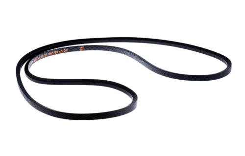 Pasek napędowy o długości 112 cm, czarny, wykonany z gumy, o gładkiej i elastycznej fakturze. Ułożony na jednolitym tle, co podkreśla jego kształt i detale. Widoczne oznaczenie z numerem części w pomarańczowym kolorze.