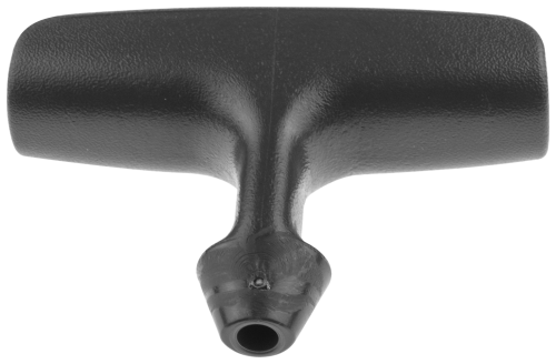 Uchwyt linki rozrusznika pilarki Husqvarna 450, 550XP oraz wykaszarki 545RXT w kolorze czarnym, wykonany z tworzywa. Widok frontalny, zbliżenie na detal. Uchwyt ma gładką fakturę oraz charakterystyczny kształt zakończony otworem do mocowania.