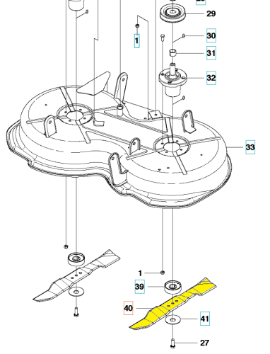 Nóż do ridera Husqvarna R112C/R112C5, widok frontalny. Metalowa konstrukcja w żółtym i czarnym kolorze z widocznymi ostrzami i elementami mocującymi na prostym tle.