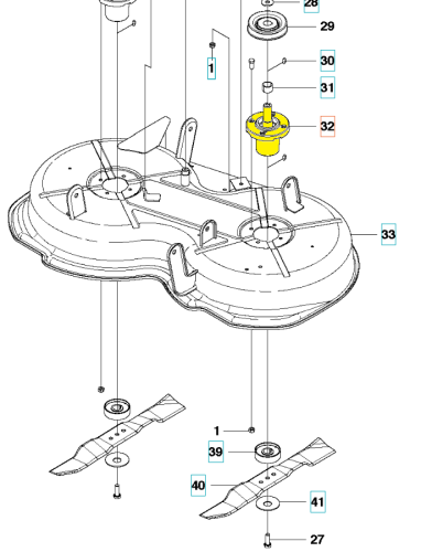 Adapter noża do riderów Husqvarna R112C/R112C5, widok z góry. Żółta centralna część mocująca, metalowy korpus, dwa ramiona noża z wyprofilowanymi krawędziami. Białe tło.