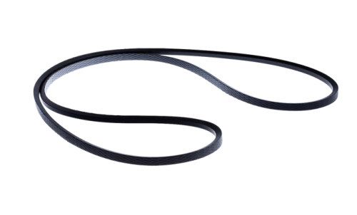 Czarny pasek klinowy Rider R112C/R112C5 o elastycznej, teksturowanej powierzchni. Produkt ułożony na białym tle, prezentujący gładkie krawędzie i widoczne wcięcia, typowy do zastosowań w maszynach Husqvarna.