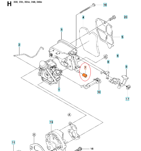 Amortyzator pilarki Husqvarna 230, 235, 240, metalowy, pomarańczowy, z boku, z mocowaniem i konstrukcją, na białym tle, zbliżenie na kształty i wykończenie.