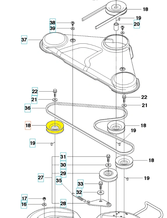 Koło pasowe Rider P524/R418Ts Husqvarna w 2D, czarno-żółte, z numerami, mocowaniami i pasami. Proste tło ułatwia zrozumienie konstrukcji i detali.