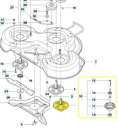 Adapter noża do ridera Husqvarna P524/R418TS, srebrny metalowy element o obłym kształcie z mocowaniami. Na żółtej części widoczne elementy montażowe. Produkt pokazany poziomo na białym tle, podkreślając detale konstrukcji.