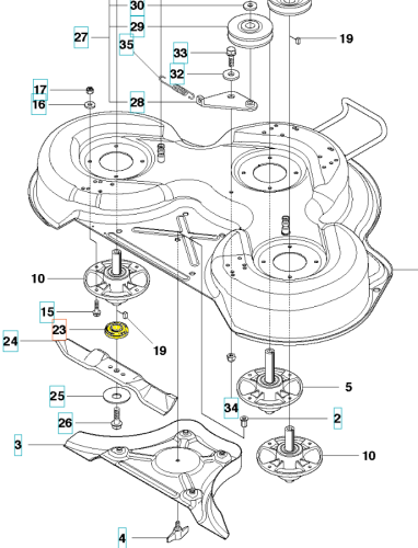 Adapter rider R418Ts/R422Ts Husqvarna z widokiem z góry, w częściach, szary z żółtym. Widoczne otwory mocujące, wymiary i mechanizmy. Do montażu na sprzęcie ogrodniczym.
