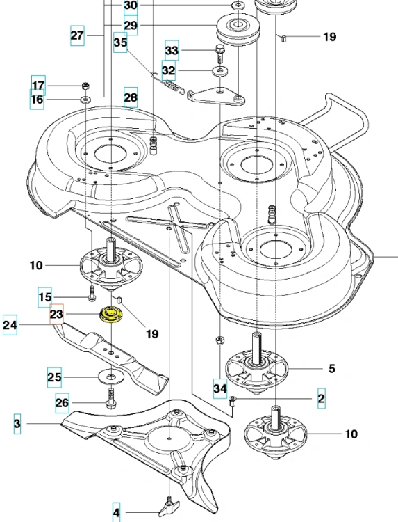Adapter rider R418Ts/R422Ts Husqvarna z widokiem z góry, w częściach, szary z żółtym. Widoczne otwory mocujące, wymiary i mechanizmy. Do montażu na sprzęcie ogrodniczym.
