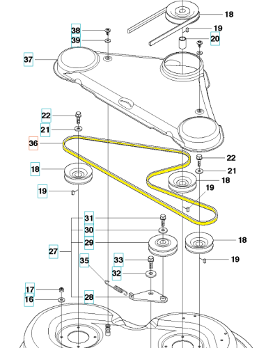 Żółty, elastyczny pasek napędowy Husqvarna Rider R418Ts/R422Ts z gładką fakturą, elementami montażowymi i oznaczeniami numerów części, widoczny z góry na tle podłoża.