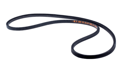 Pasek napędowy Rider R418Ts/R418Ts AWD Husqvarna w kolorze czarnym, elastyczny, wykonany z gumy, o gładkiej teksturze. Ułożony na tle białym, z widocznymi numerami i oznaczeniami na powierzchni. Brak dodatkowych akcesoriów.