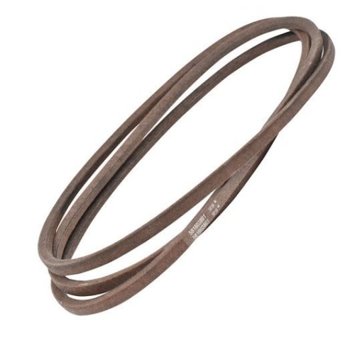 Brązowy, gumowy pasek napędowy do traktora Husqvarna TS138/TS142 o okrągłym kształcie z napisami. Zdjęcie pokazuje fakturę i łączenie na jednolitym tle. Kluczowa jest odpowiednia długość paska.