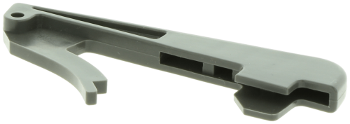 Blokada dźwigni gazu pilarek Husqvarna 254, 257, szara z plastikowym wykończeniem. Leży na płaskiej powierzchni, ma długi, płaski kształt z uchwytem i rowkami do mocowania, idealna do precyzyjnej regulacji gazu.