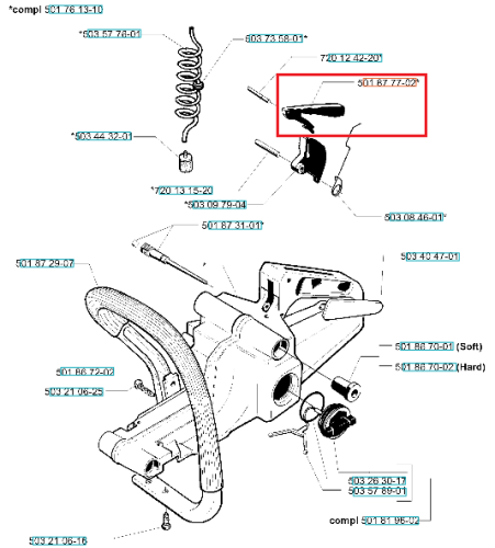 Blokada dźwigni gazu do pilarek Husqvarna 254, 257, czarna, ergonomiczna, montowana na obudowie, zapewnia precyzję i wygodę użytkowania.