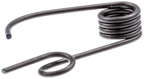 Sprężyna ustalająca do pilarki Husqvarna 257, 262XP. Część metalowa, czarna, w formie spirali z jednym końcem prostym i pętlą na drugim. Widok frontalny, układająca się w kształt litery S, na jednolitym tle.