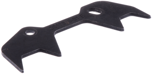 Ostroga pilarki Husqvarna 257, 262XP, metalowa, w kolorze czarnym. Kształt przypominający literę V, z dwoma otworami do mocowania. Ujęcie z boku, ukazujące detale krawędzi i fakturę powierzchni. Idealna do precyzyjnego cięcia w ogrodnictwie.