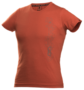 T-shirt damski Husqvarna Xplorer w kolorze pomarańczowym, o prostym kroju z krótkim rękawem. Widoczny srebrny nadruk po lewej stronie. Ujęcie frontalne, produkt leży płasko na białym tle. Materiał bawełniany, przyjemny w dotyku.