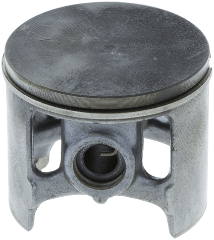 Tłok kompletny do pilarki 262XP, wykonany z metalu, z gładką, ciemnoskalną powierzchnią. Zbliżenie na górną część tłoka z widocznym kanałem montażowym. Brak widocznych oznaczeń lub detali dekoracyjnych, produkt leży na neutralnym tle.