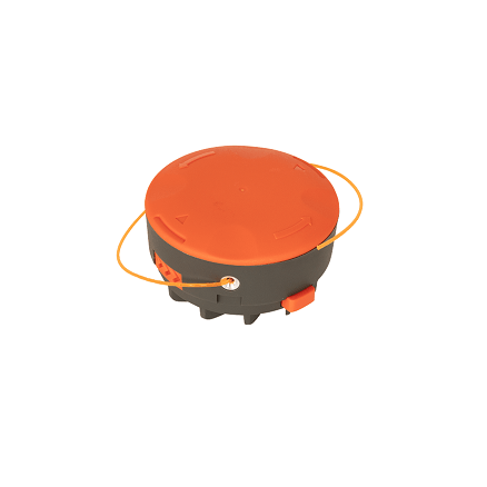 Głowica żyłkowa 110iL Husqvarna w kolorze szaro-pomarańczowym. Okrągły kształt, z wypustami i uchwytem do łatwego montażu. Gumowa linia żółta wystająca z boku. Pozycja leżąca, na jednolitym tle. Brak widocznych napisów lub logo.