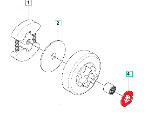 Podkładka sprzęgła do pilarki Husqvarna 120 Mark II/130. Widziana z boku, podzielona na kilka elementów: spiralny sprężynowaty element, metalowy pierścień oraz czerwony detal. Elementy umieszczone na białym tle, co zapewnia dobrą widoczność.