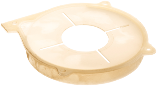 Podkładka sprężyny rozrusznika do pilarki Husqvarna 266, wykonana z plastiku w kolorze jasnym. Ujęcie z boku, prezentujące okrągły kształt z centralnym otworem oraz dwoma szczelinami. Widoczne otwory montażowe na krawędzi.