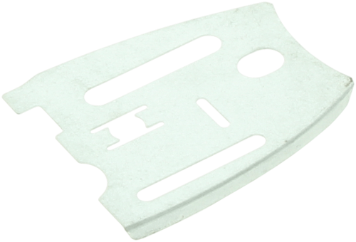 Osłona karteru do pilarek Husqvarna 61, 266, prostokątna, biała, z otworami montażowymi i wcięciami. Leży na białym tle, ukazując detale konstrukcyjne.